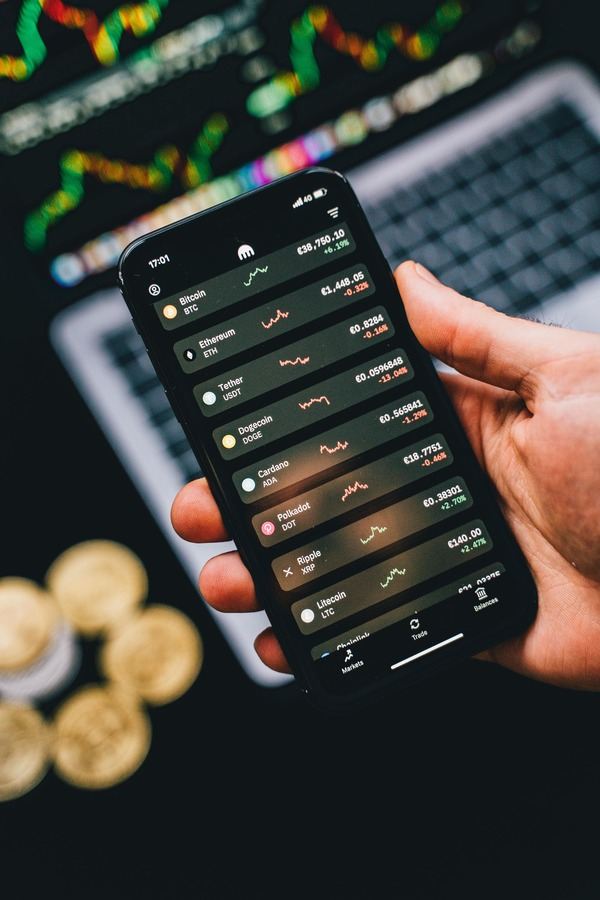 Hand holding a smartphone with a crypto portfolio app next to coins