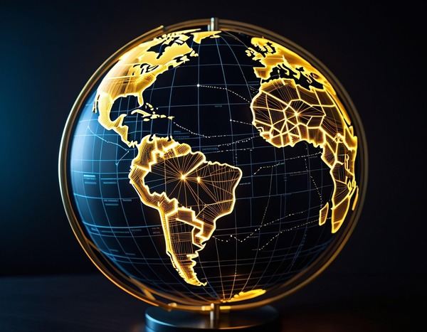 Glowing globe with golden continents on a dark background