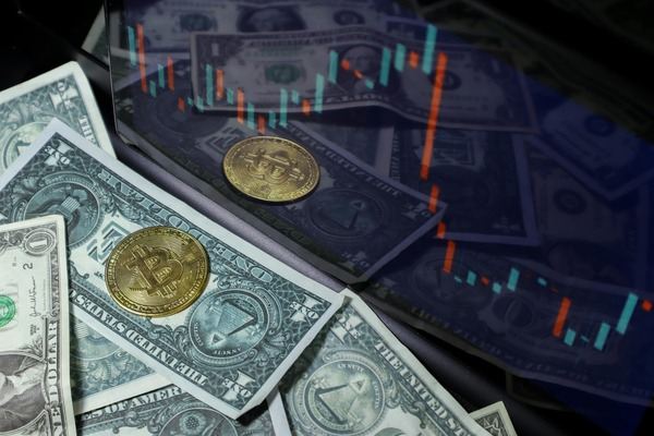 Crypto coins on dollar bills with a candlestick chart overlay