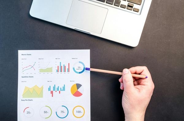 Hand with a pencil reviewing printed financial charts