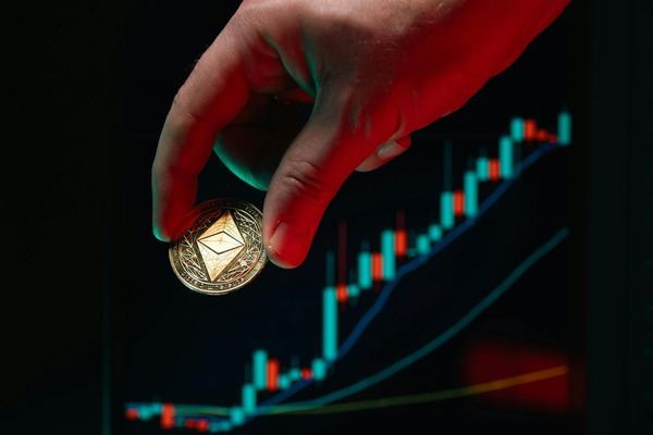 Hand placing a coin on a rising market chart line