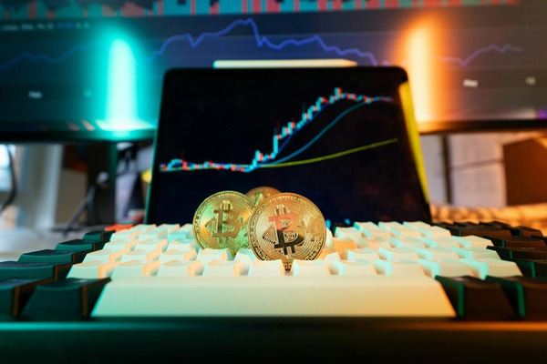 Crypto coins on a keyboard in front of a rising price chart