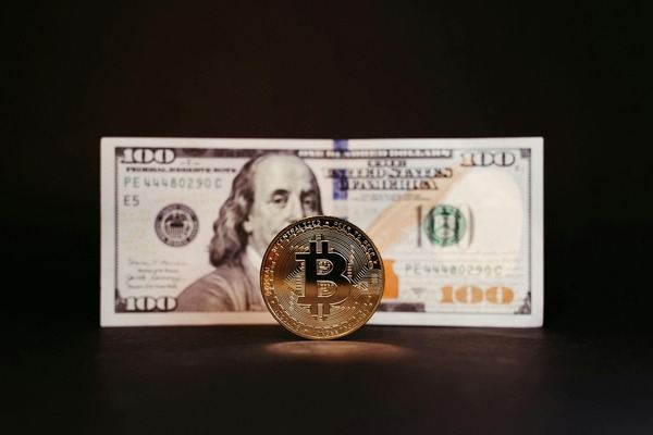 Bitcoin coin standing in front of a 100 dollar bill